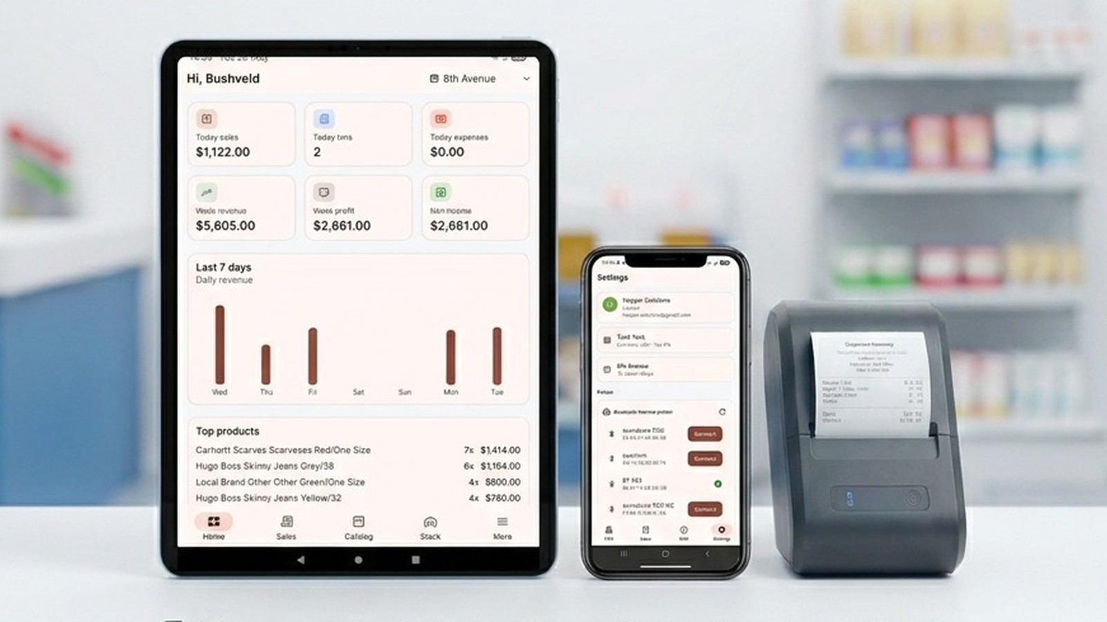 Wearloop POS counter setup: tablet, phone and Bluetooth printer at a retail shop