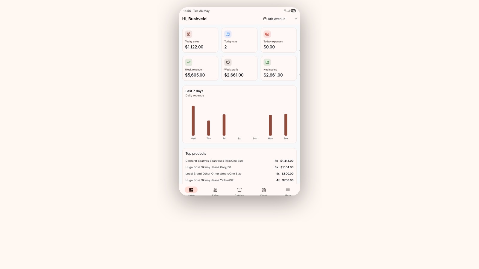 Wearloop home dashboard showing today's sales, weekly revenue, last-7-days chart and top products