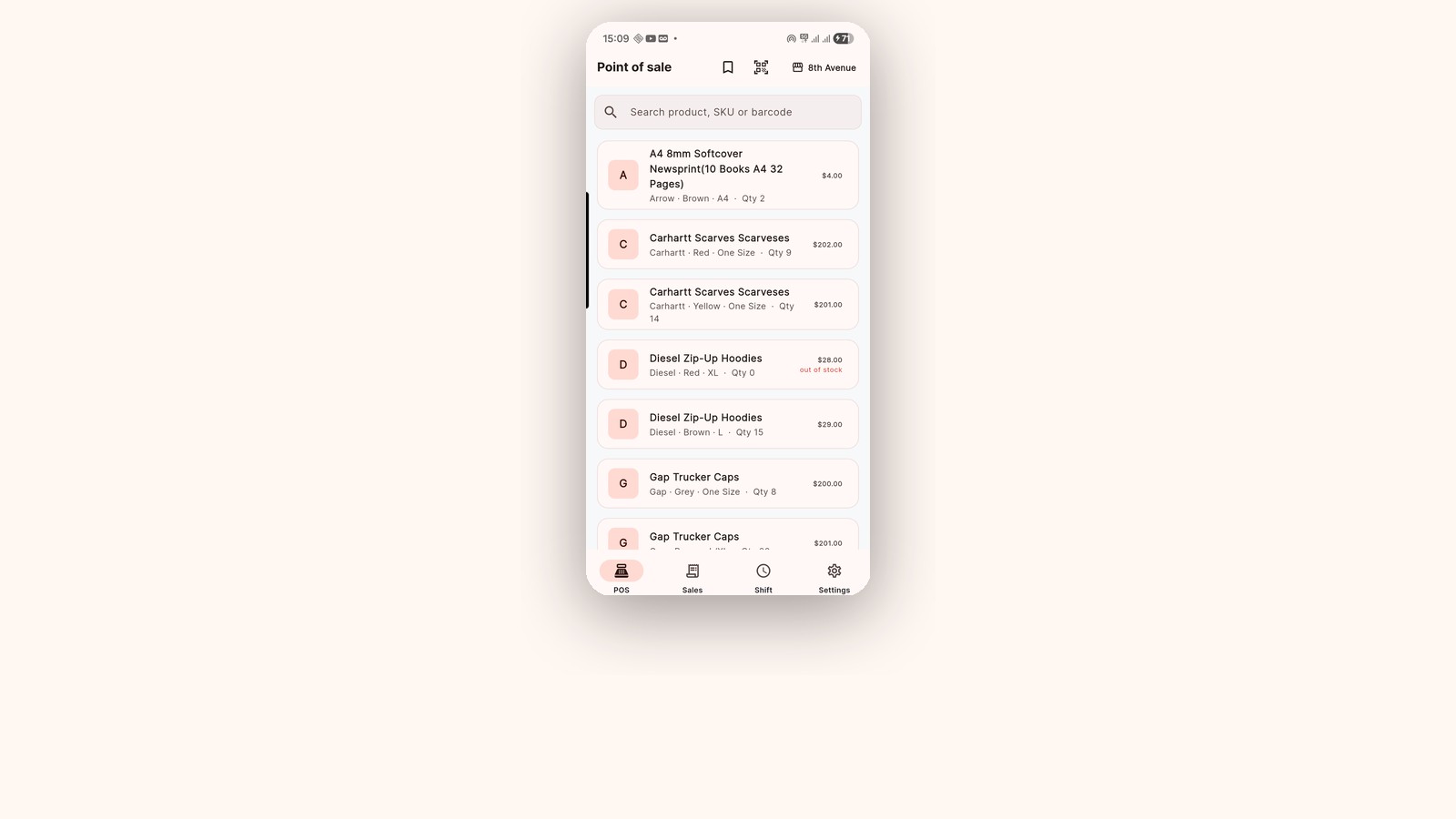 Wearloop Point of Sale screen on a phone showing the searchable product list with variants and stock levels