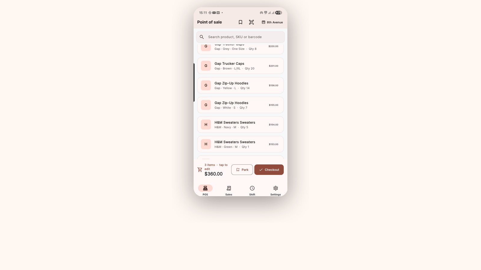 Wearloop cart screen on a phone showing the items list, total and Park / Checkout buttons